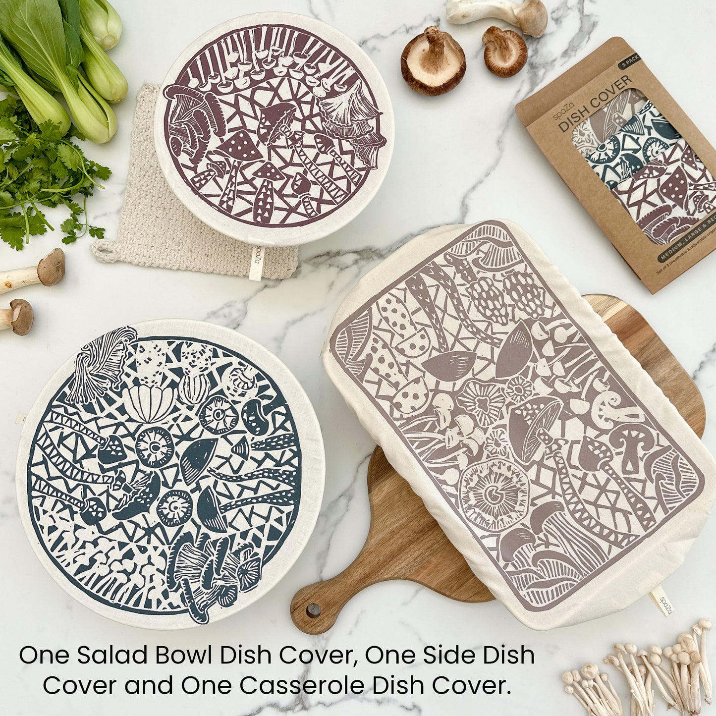 Reusable Dish and Bowl Cover Set with rectangle cover and 2 sizes of round covers, Mushroom Print